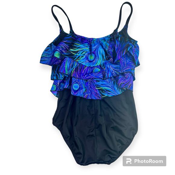 Robby Len Women's 16 One Piece Peacock Print & Gold Ruffled One Piece Swimsuit - Picture 2 of 8